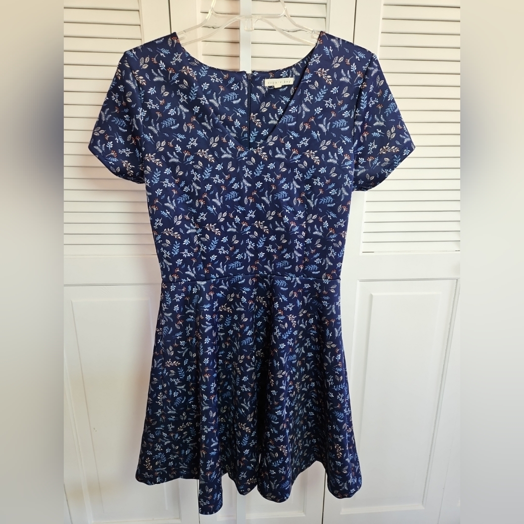 Cooper Key Short Blue Dress Fit  Flare VNeck Country Size M Cottagecore Zip